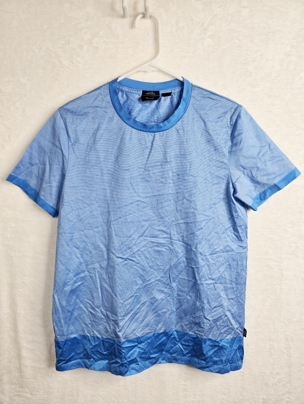 Hugo Boss Mens Medium Blue Striped T Shirt Slim Fit Mercerized Cotton Crew Neck